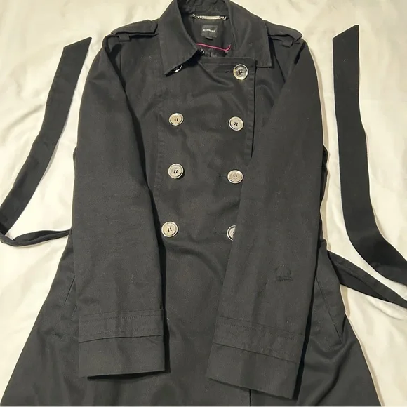 Express Black Denim Double-Breasted Belted Silver Button Trench Coat - Picture 12 of 16